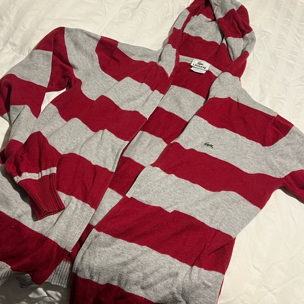 Women’s Lacoste cashmere / cotton red gray striped zip up sweater hoodie size 42